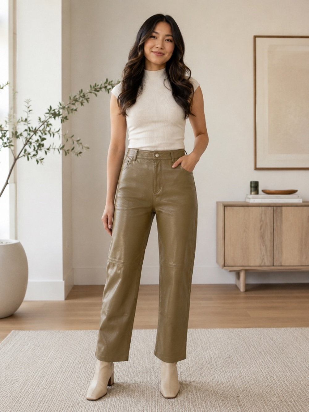 Nanushka Vegan Leather Pants Women's M Olive Khaki High Rise Straight Leg Luxe